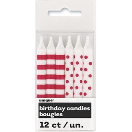 12 RED STRP/DOT BDAY CANDL