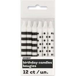 12 BLACK STRP/DOT BDAY CANDL