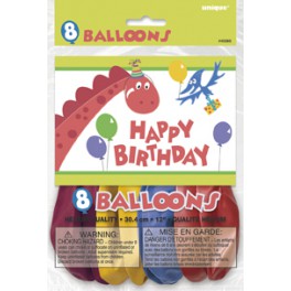 8 12" DINO PARTY BDAY BLLNS 1S