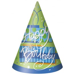 8 BRIGHT BDAY PARTY HATS