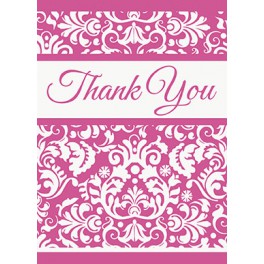 8 PINK DAMASK THANK YOU NOTES